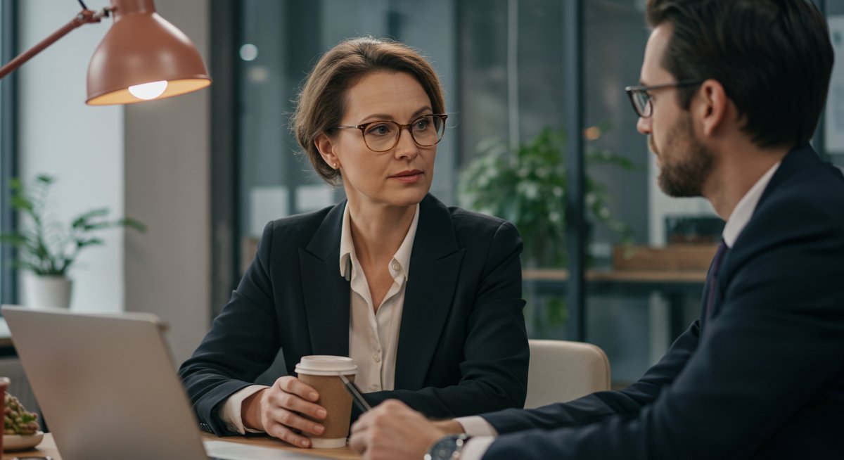 Mid-career woman in a modern office discussing networking strategies with a colleague over coffee
