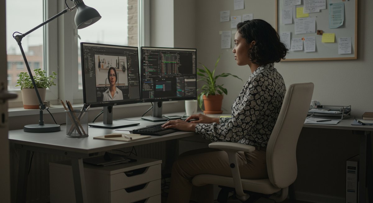 Confident woman professional in modern home office demonstrating sustainable productivity with project management tools and burnout prevention strategies
