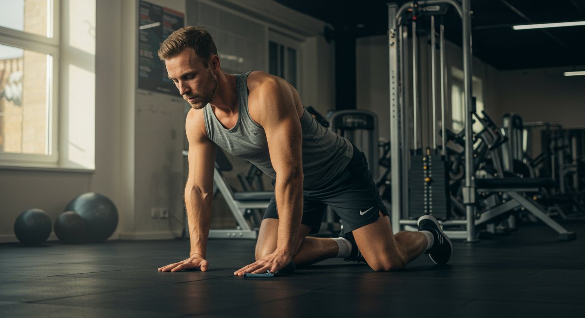 Person foam rolling in gym with natural lighting