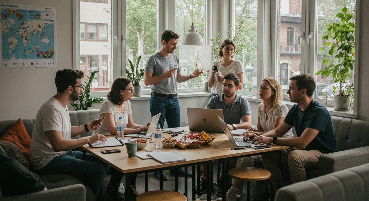 Digital nomads in a co-living community space with global map, shared workstations, and cultural exchange