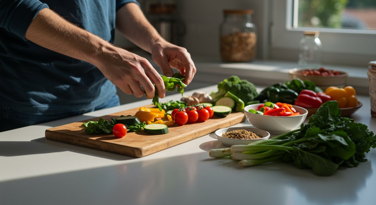 Effortless vegan meal prep with fresh vegetables and herbs in a modern kitchen