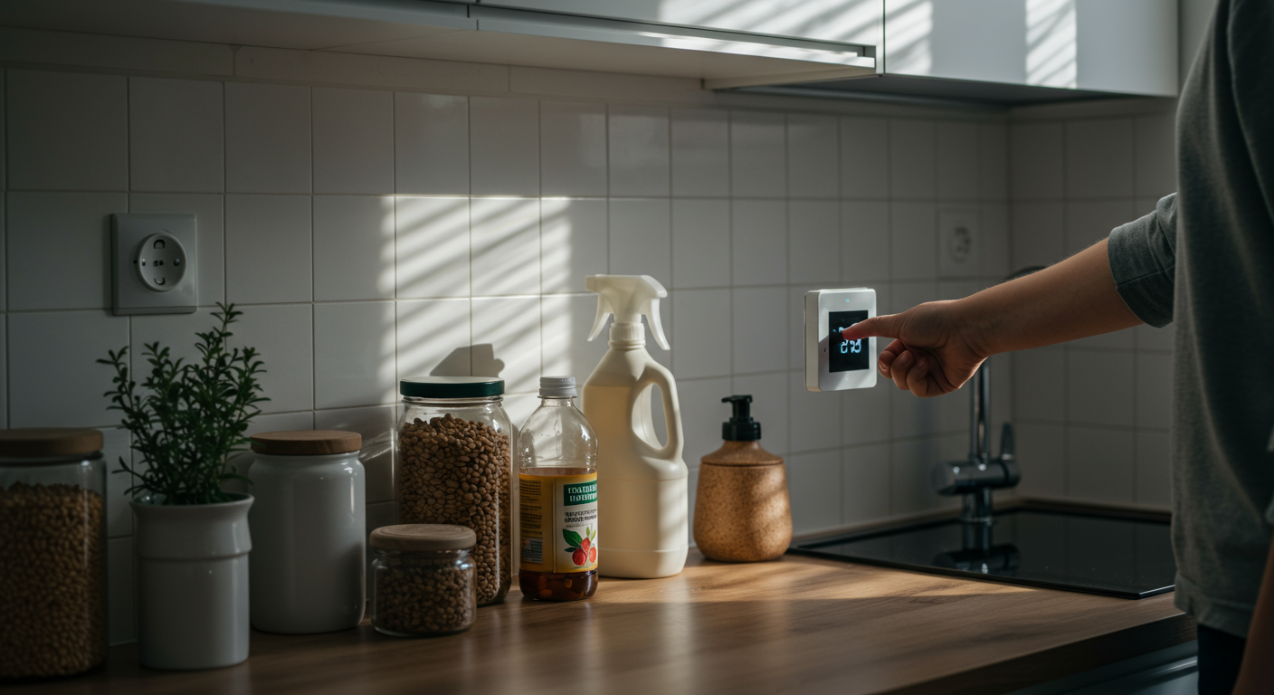 A person using a smart thermostat in a modern, eco-friendly kitchen, showcasing sustainable home technology and energy-saving practices.