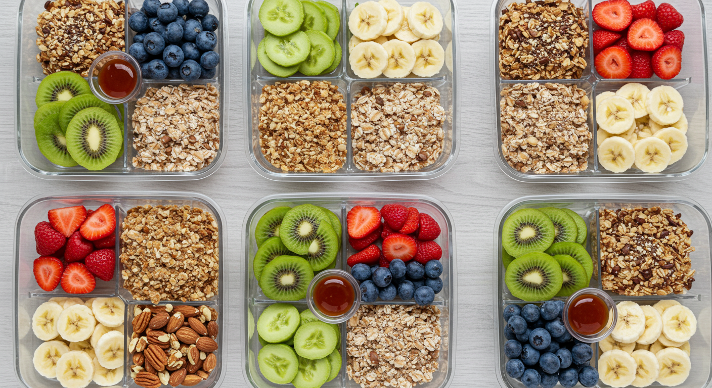 Overhead shot of healthy breakfast meal prep containers with fruits, whole grains, and nuts, organized on a kitchen counter.