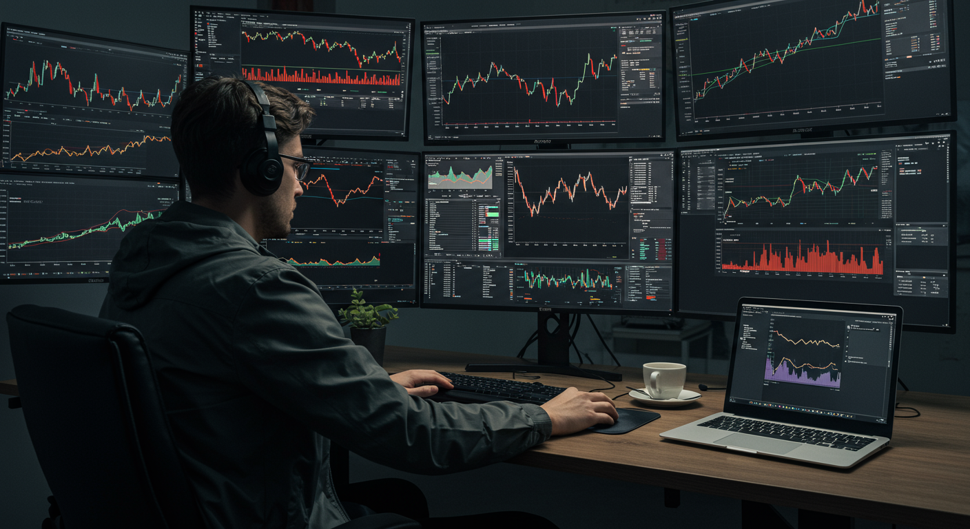 Global crypto trader analyzing Bitcoin charts on multiple monitors for international trading strategy