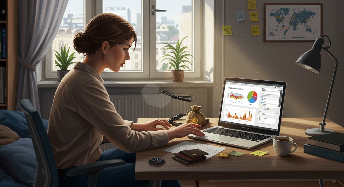 Beginner's guide to P2P lending in Europe: A woman reviews her first €1,000 investment on a digital platform from a modern city apartment, surrounded by financial security symbols and European map details.