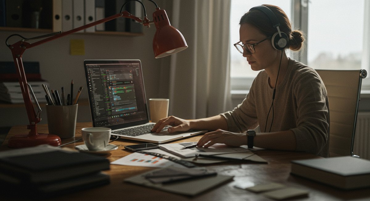 Freelance professional working in a tidy, modern workspace with laptop and organized materials