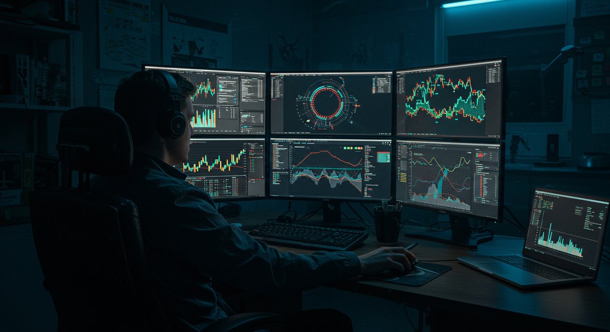 Crypto trader navigating global tax complexities with multi-currency charts and hardware wallets