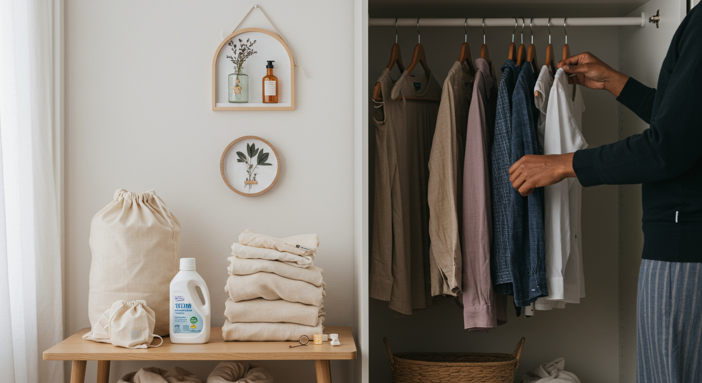 A person choosing clothes from a sustainable capsule wardrobe, showcasing ethical and eco-friendly fashion choices with natural lighting.