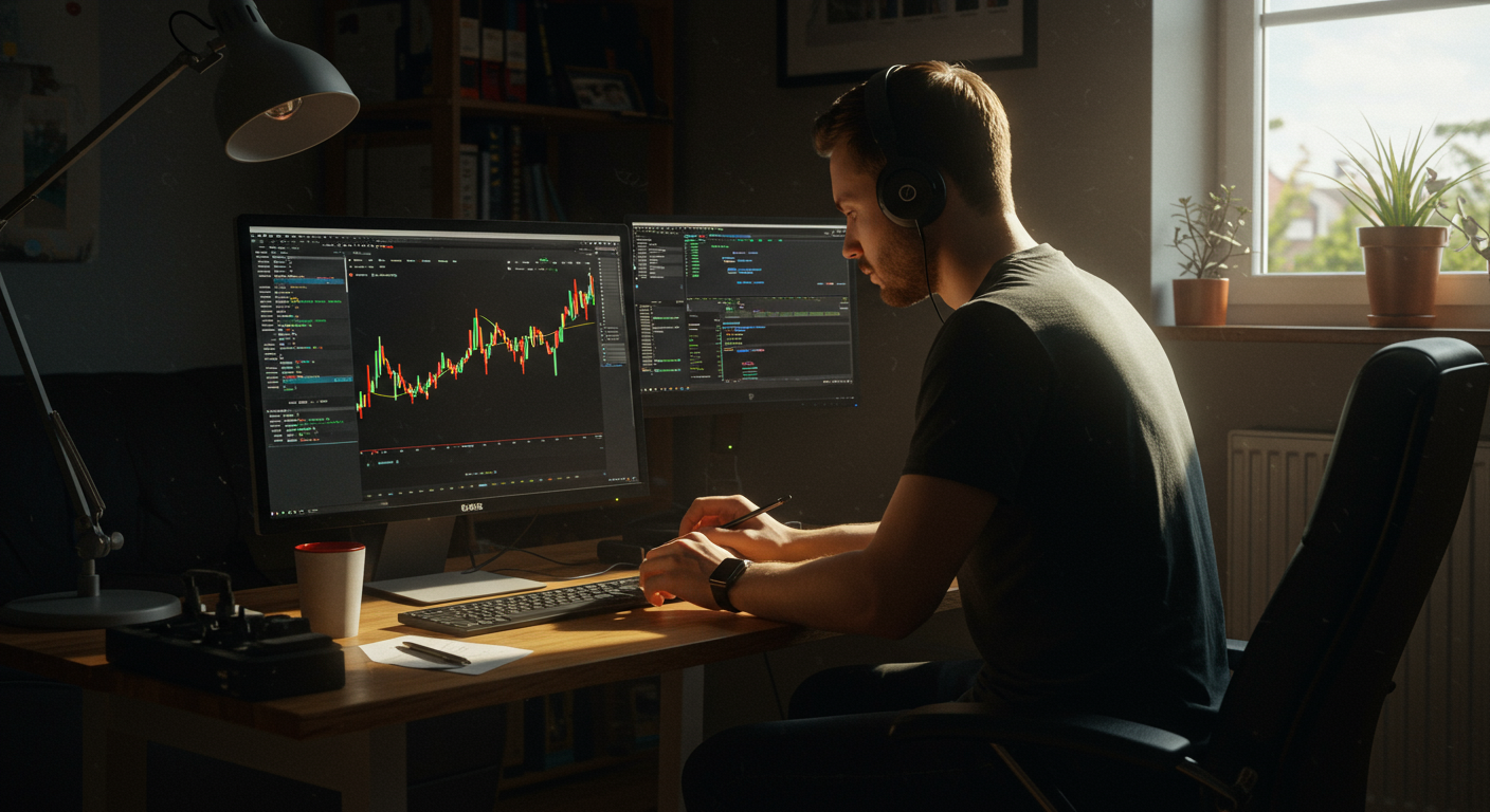 Person doing squats in home gym with natural lighting and laptop nearby for crypto trading