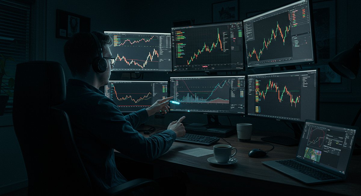 International crypto trader analyzing global markets with hardware wallet and multiple screens