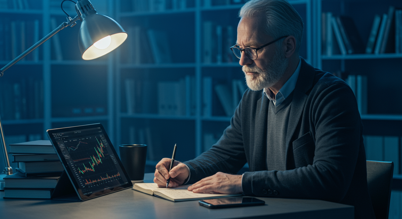 Experienced crypto trader analyzing cross-border swaps in a modern library, researching international trading restrictions with tablet and notebook.