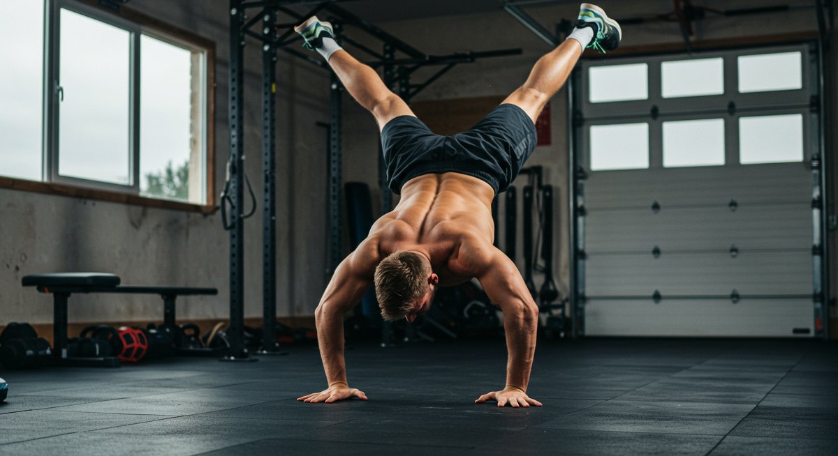 Professional illustration of advanced bodyweight exercise with male athlete doing handstand push-ups in home gym environment