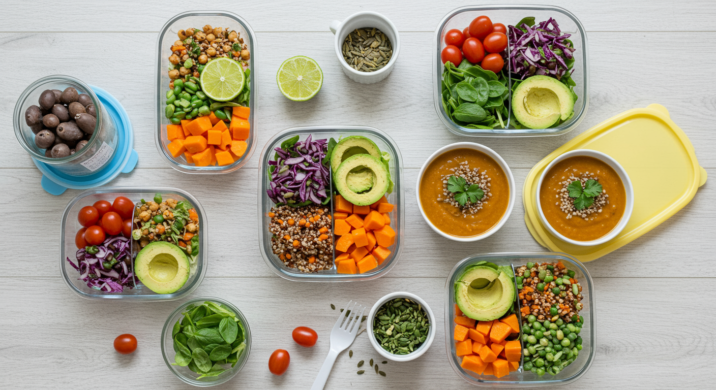 Overhead shot of meal prep containers with colorful vegan lunches, including quinoa salad, lentil soup, and chickpea salad, perfect for beginner cooks.