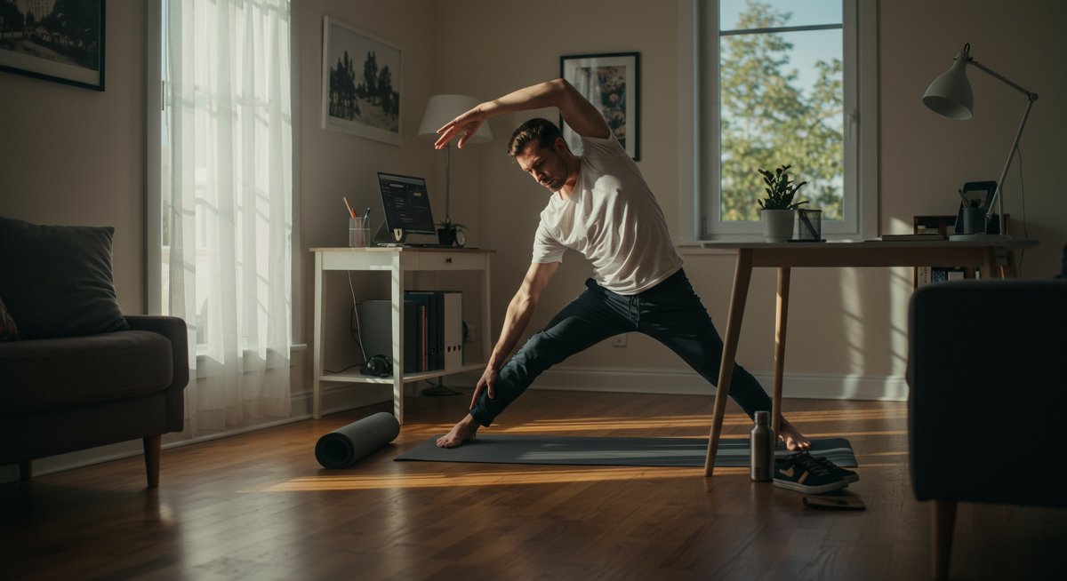Professional article illustration showing modern desk worker performing 5-minute mobility routine in home office with natural light and minimalistic decor