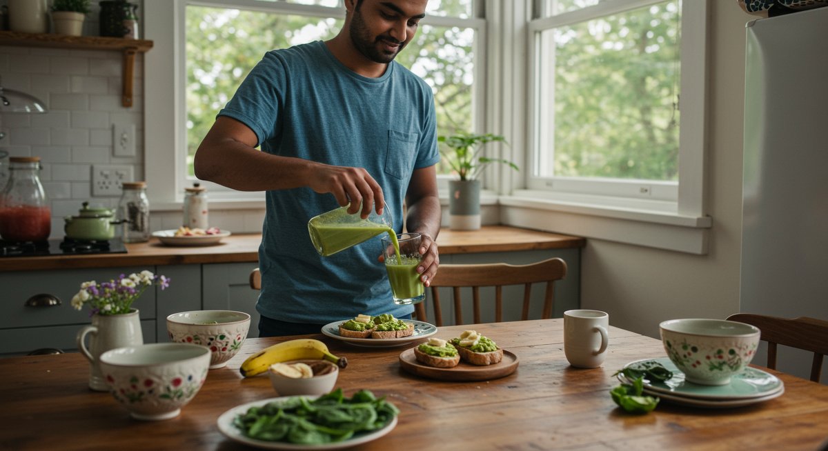 Healthy breakfast setup featuring a man preparing a green smoothie and avocado toast in a sunlit kitchen with fresh produce and rustic tableware