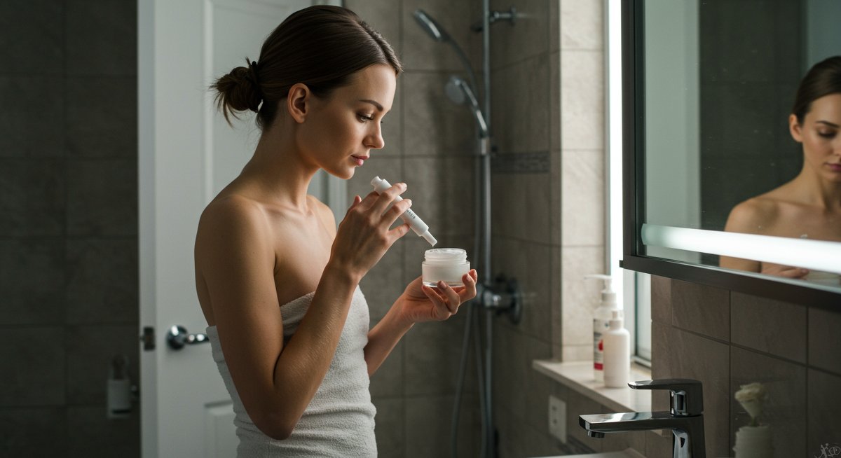 Professional illustration of vegan skincare routine with cruelty-free products in modern bathroom setting