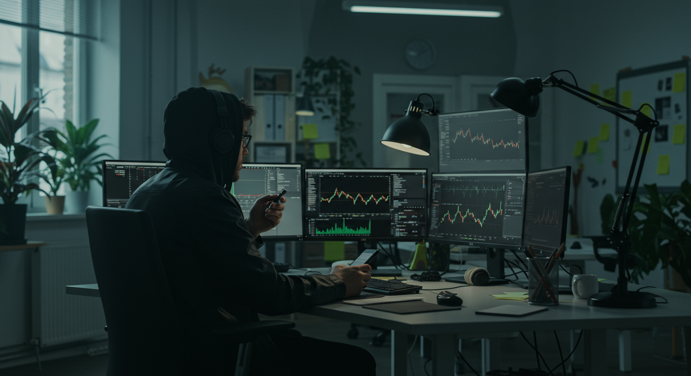 Experienced crypto trader analyzing Monero (XMR) swaps on multiple monitors in a modern co-working space, focusing on privacy and low fees for international trading.