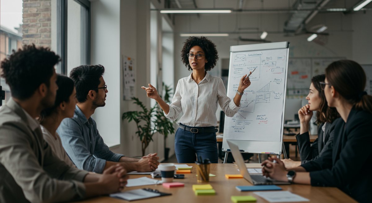 Diverse group of professionals collaborating in a modern office, illustrating leadership skills and career advancement.