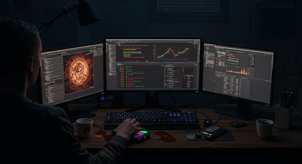 Lost Bitcoin passphrase crisis: degen surrounded by international crypto trading data, tax implications, and recovery warnings in a neon-lit Crypto Lair
