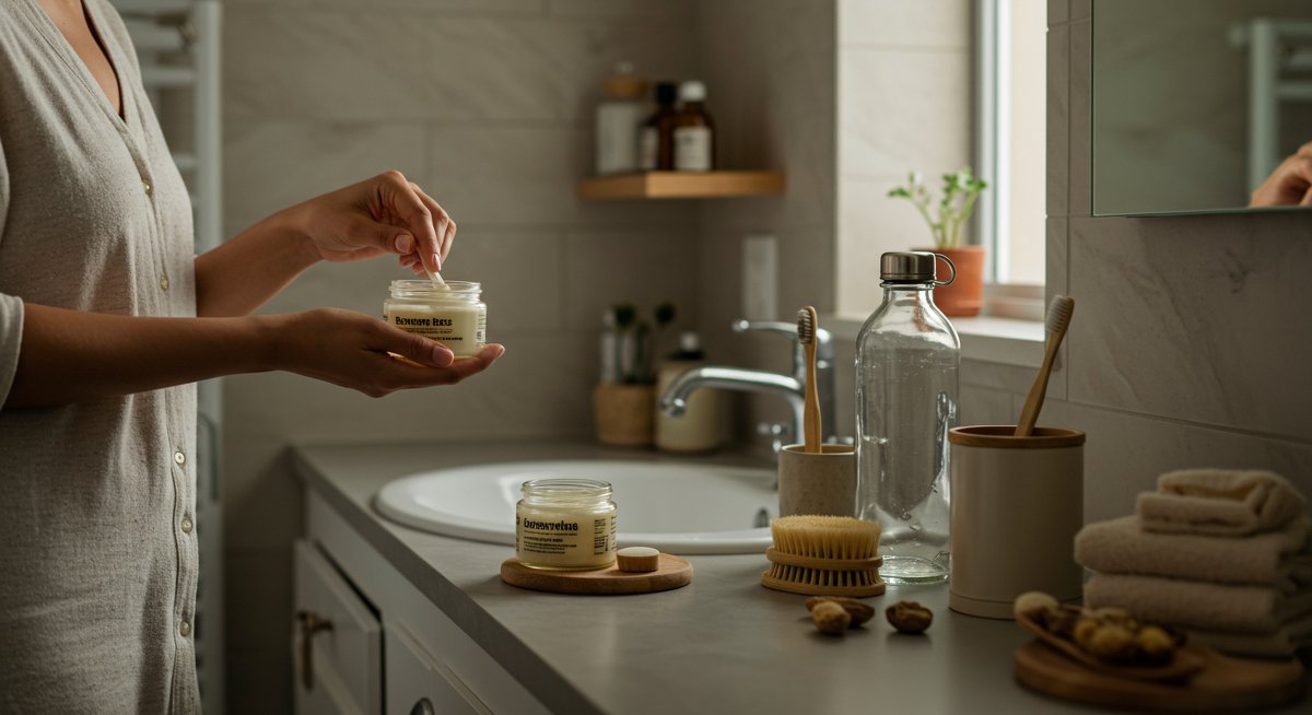 Sustainable skincare routine with eco-friendly products in a modern bathroom setting