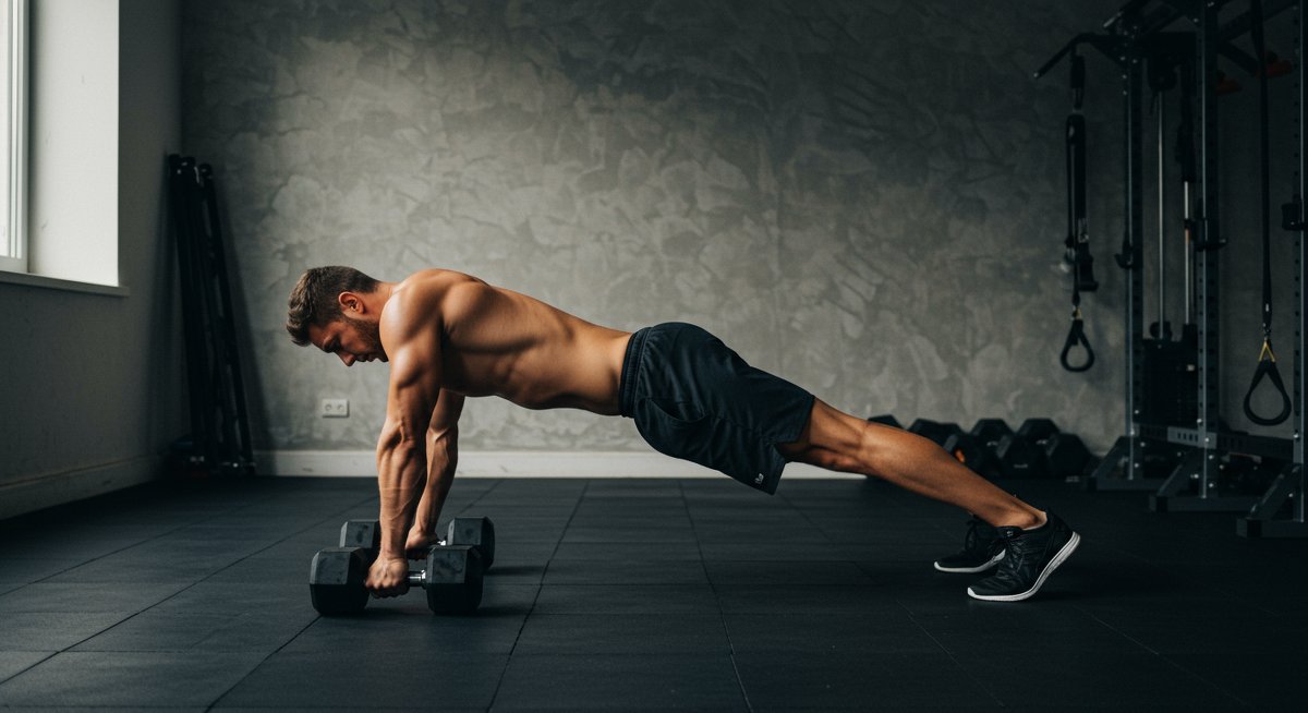 Intermediate male doing dumbbell glute bridges at home with dumbbells, natural light, focused expression