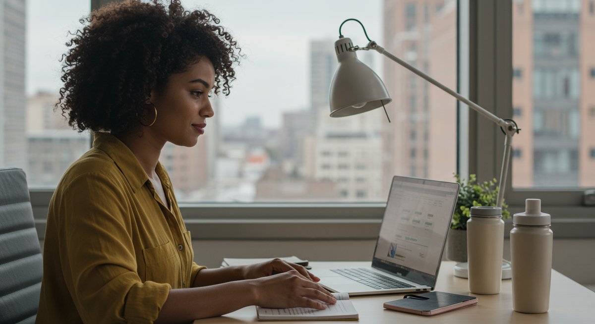 Digital nomad woman managing chronic illness while working remotely in a modern co-working space with natural light and city view