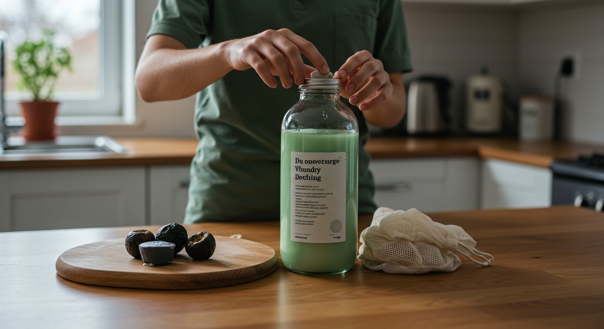 Eco-friendly laundry practice: DIY detergent making with reusable bottle and natural ingredients for sustainable washing