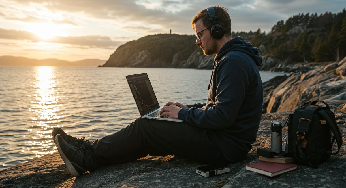 Male digital nomad focused on work using satellite internet in an outdoor setting, highlighting reliable connection for remote work