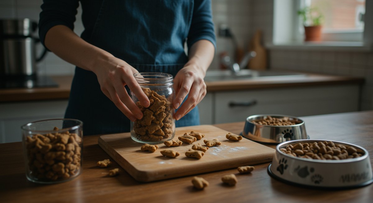 Homemade cat treats being prepared by a woman in a modern kitchen with fresh ingredients
