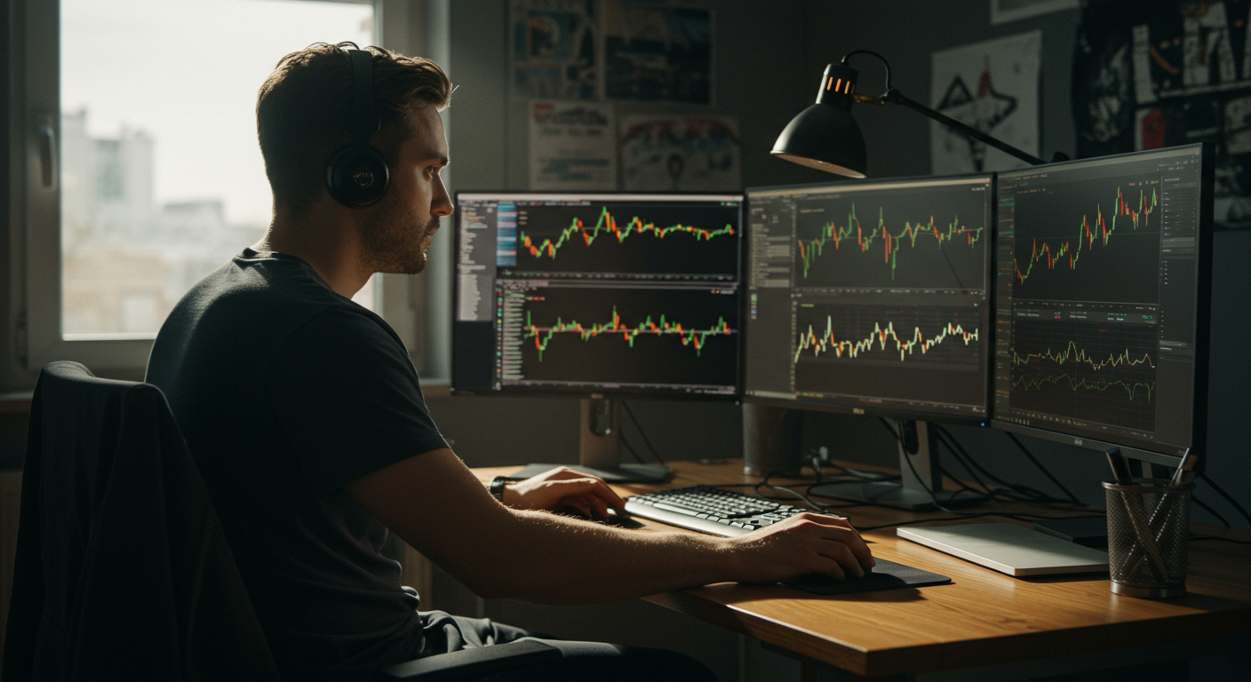 Person trading cryptocurrencies with focus and determination