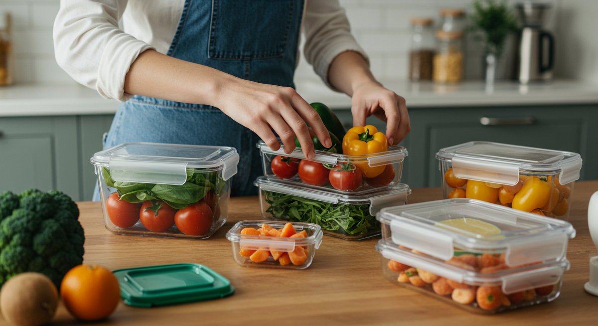 Person organizing reusable food containers with fresh produce in a bright kitchen, promoting sustainable food prep and reducing food waste.