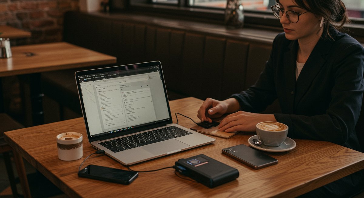 Digital nomad using portable power bank in modern café setting with laptop and phone, emphasizing reliable power for remote work