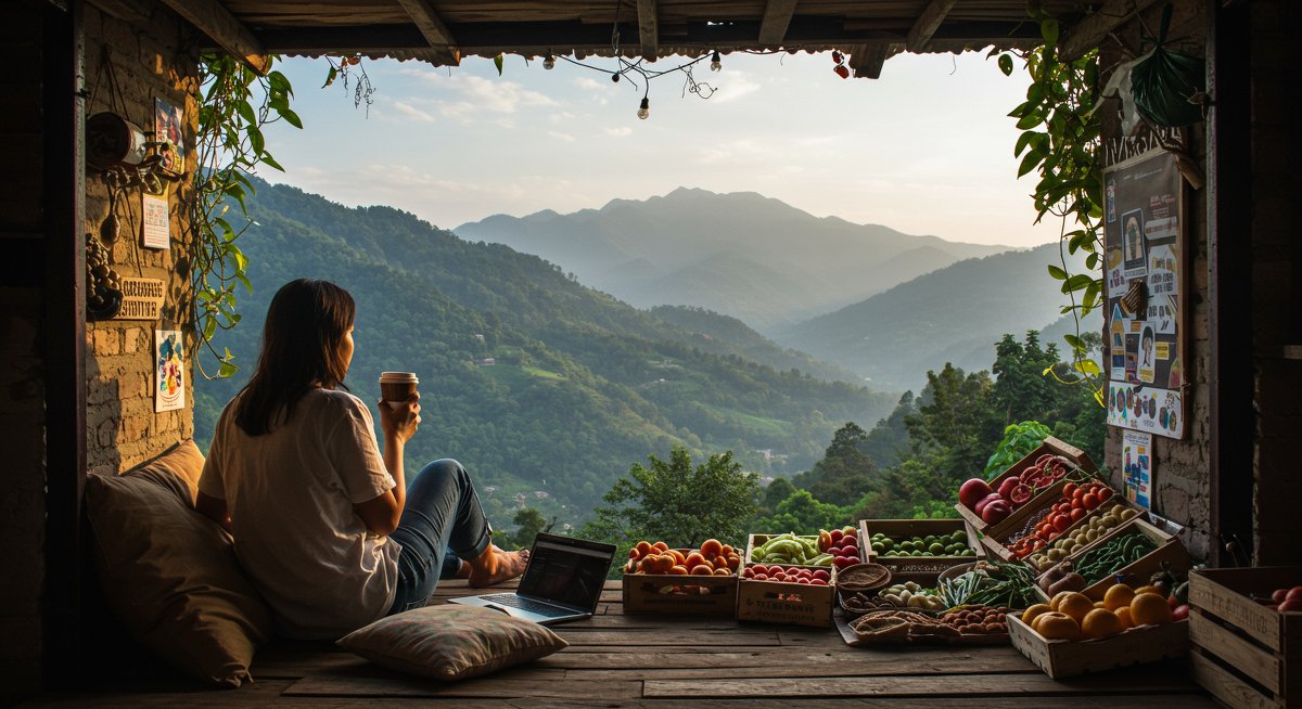 Digital nomad woman taking a mindful break in nature to prioritize mental wellness and productivity