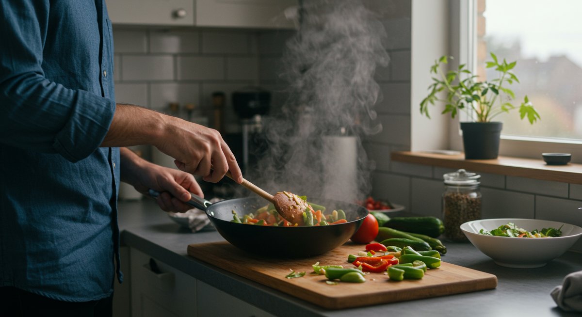 Vegan beginner cook preparing quick stir-fry recipe with fresh vegetables and tofu in modern kitchen