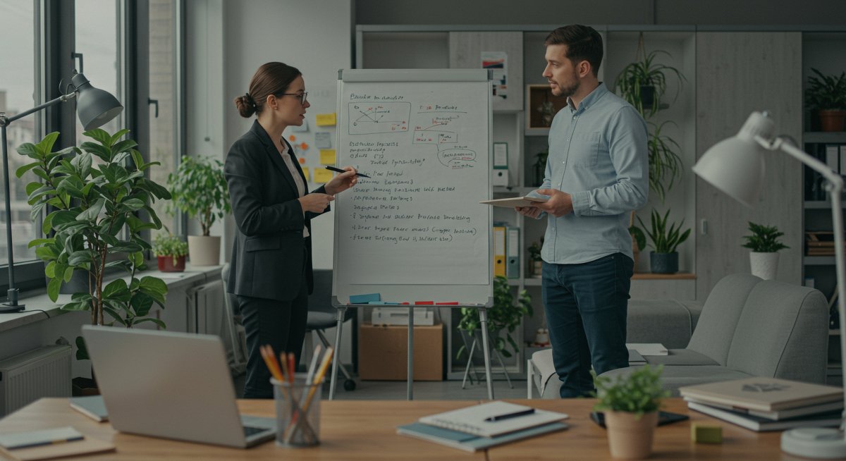 Professionals in a sustainable office environment collaborating on conflict resolution strategies