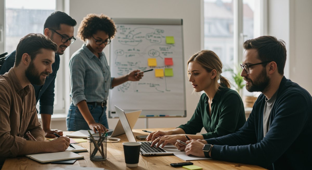 Diverse adults collaborating on a project, showcasing teamwork and skill development in a modern workspace.