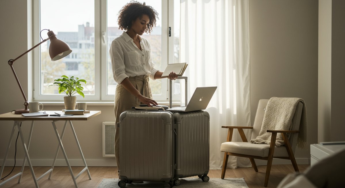 Confident woman organizing minimalist travel essentials on a modern luggage stand with natural lighting