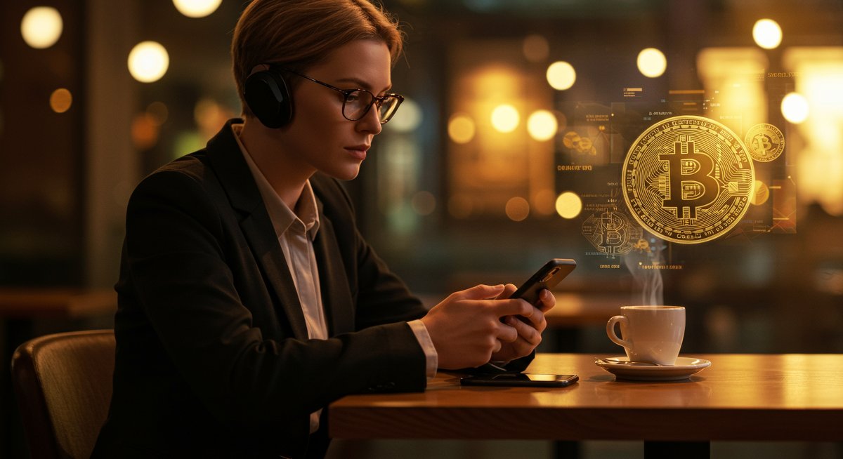 Beginner's guide to crypto swaps no KYC - female trader using mobile app in café with warm lighting