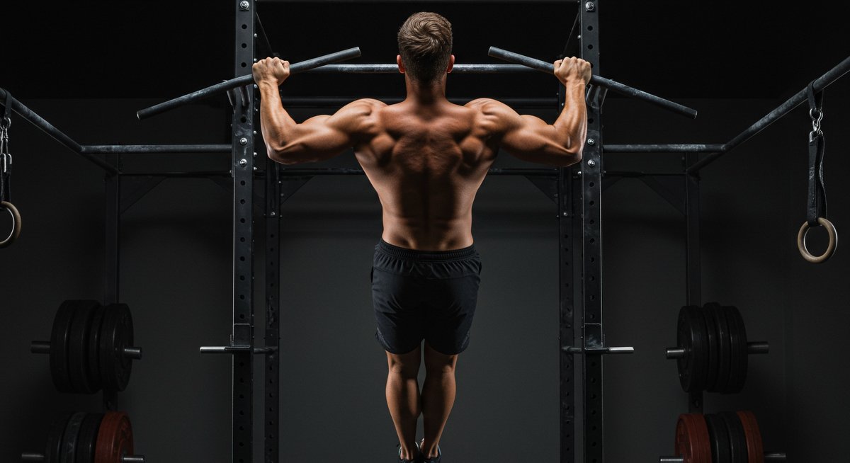 Person doing chin-ups on pull-up bar with focused expression in gym