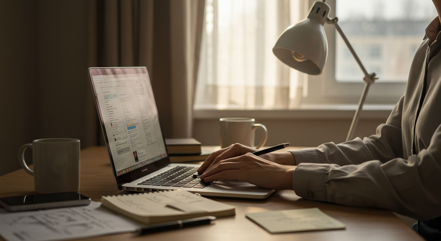 Minimalist home office setup with laptop, notepad, and coffee mug. A professional is working in a clean and organized workspace, embracing a minimalist lifestyle.