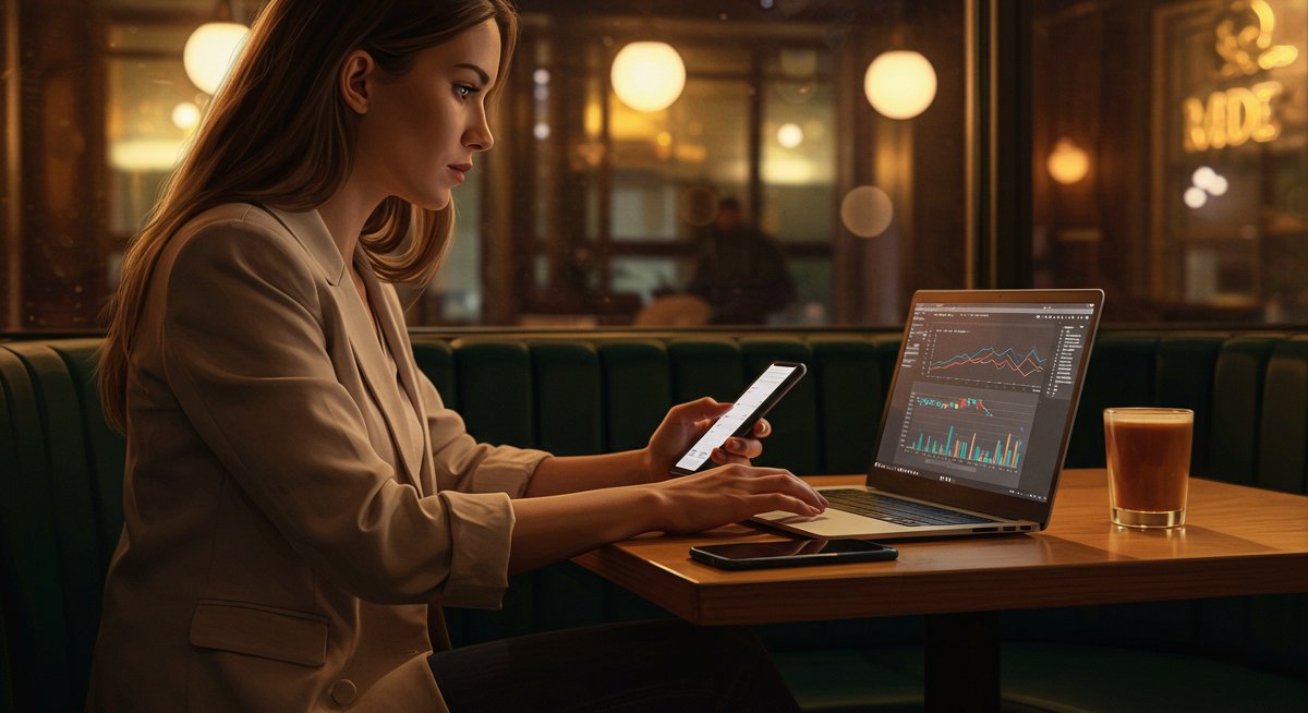 Crypto swap comparison: Woman using mobile app for small amount swaps in café environment