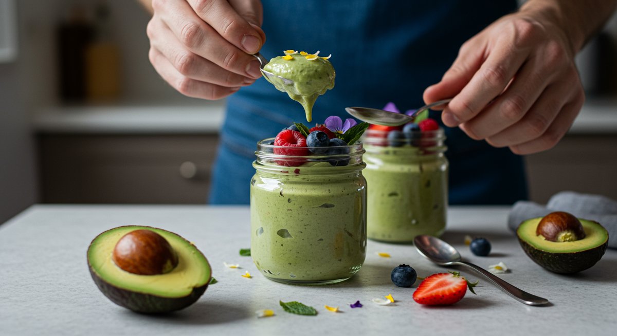Artistic vegan dessert showcasing chocolate avocado mousse with fresh berries in a modern kitchen setting