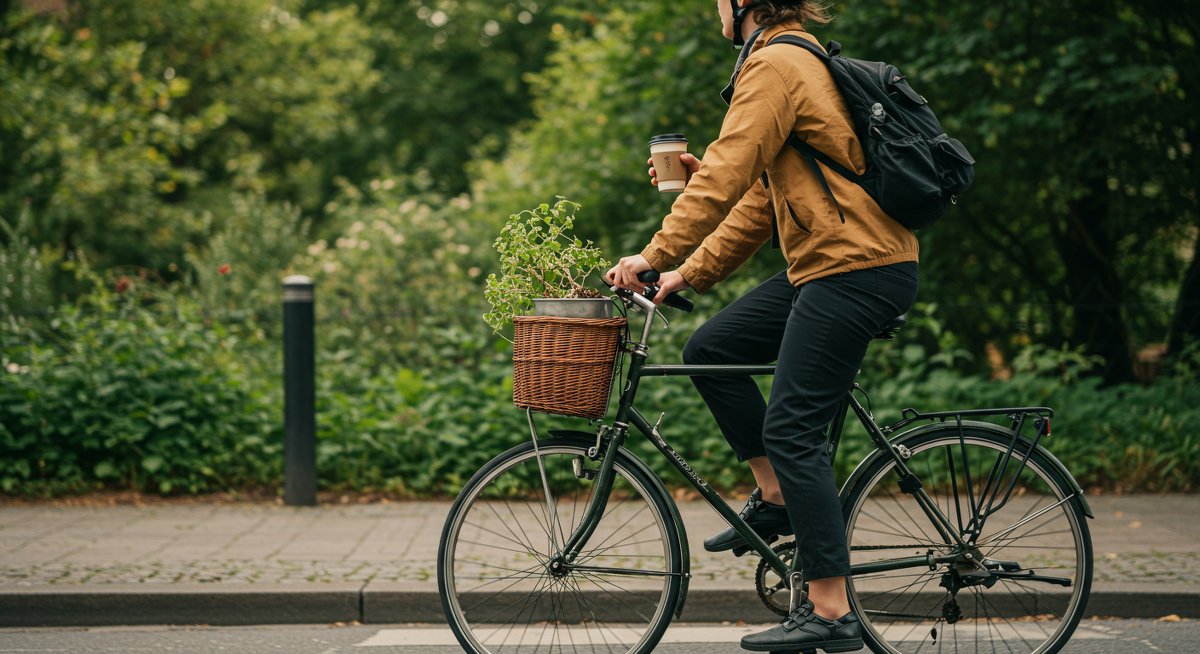 Eco-friendly commute illustration showing sustainable transportation practices in urban environment