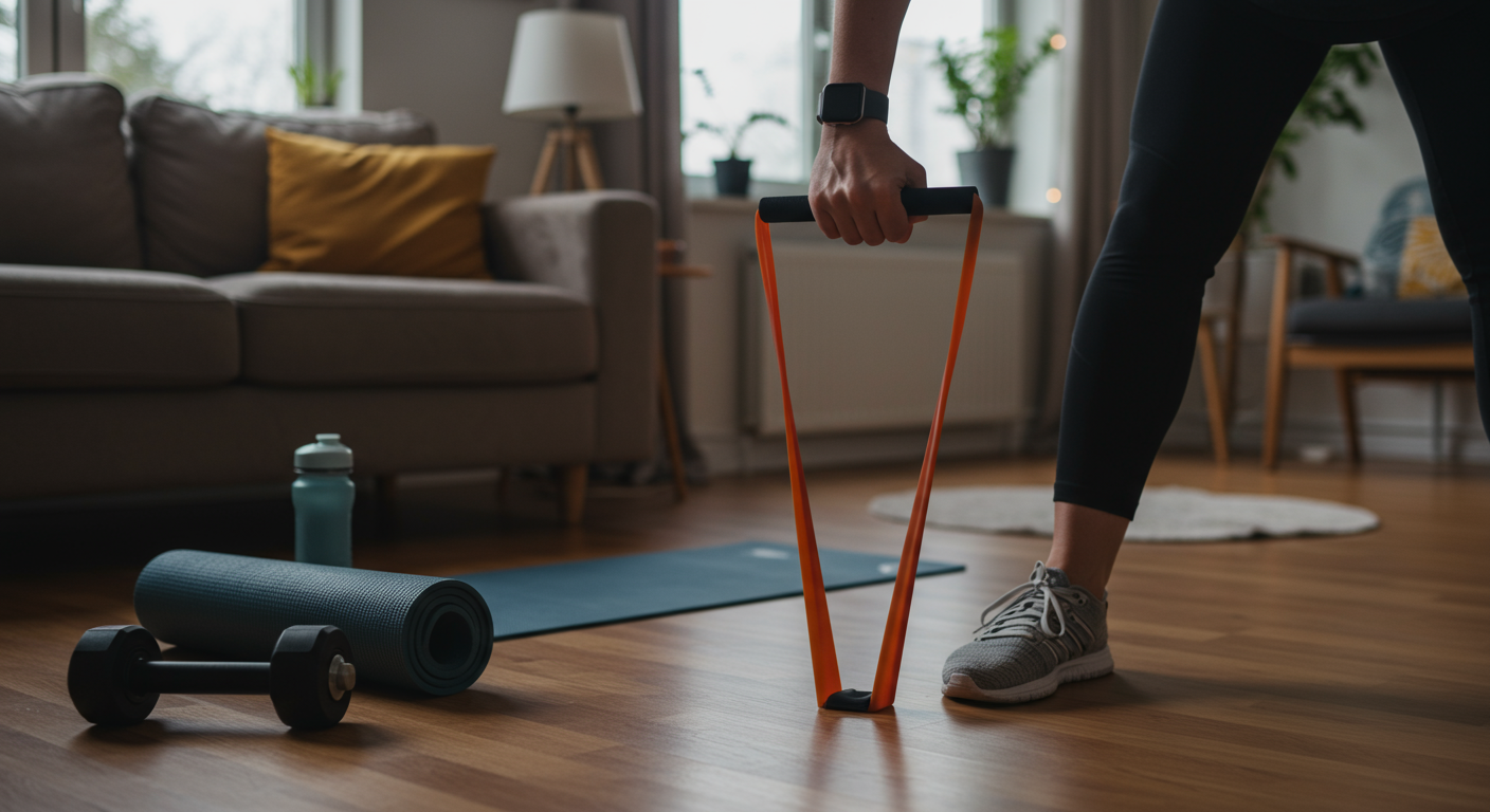 Intermediate fitness person performing bicep curls with a resistance band in a living room. Home workout.