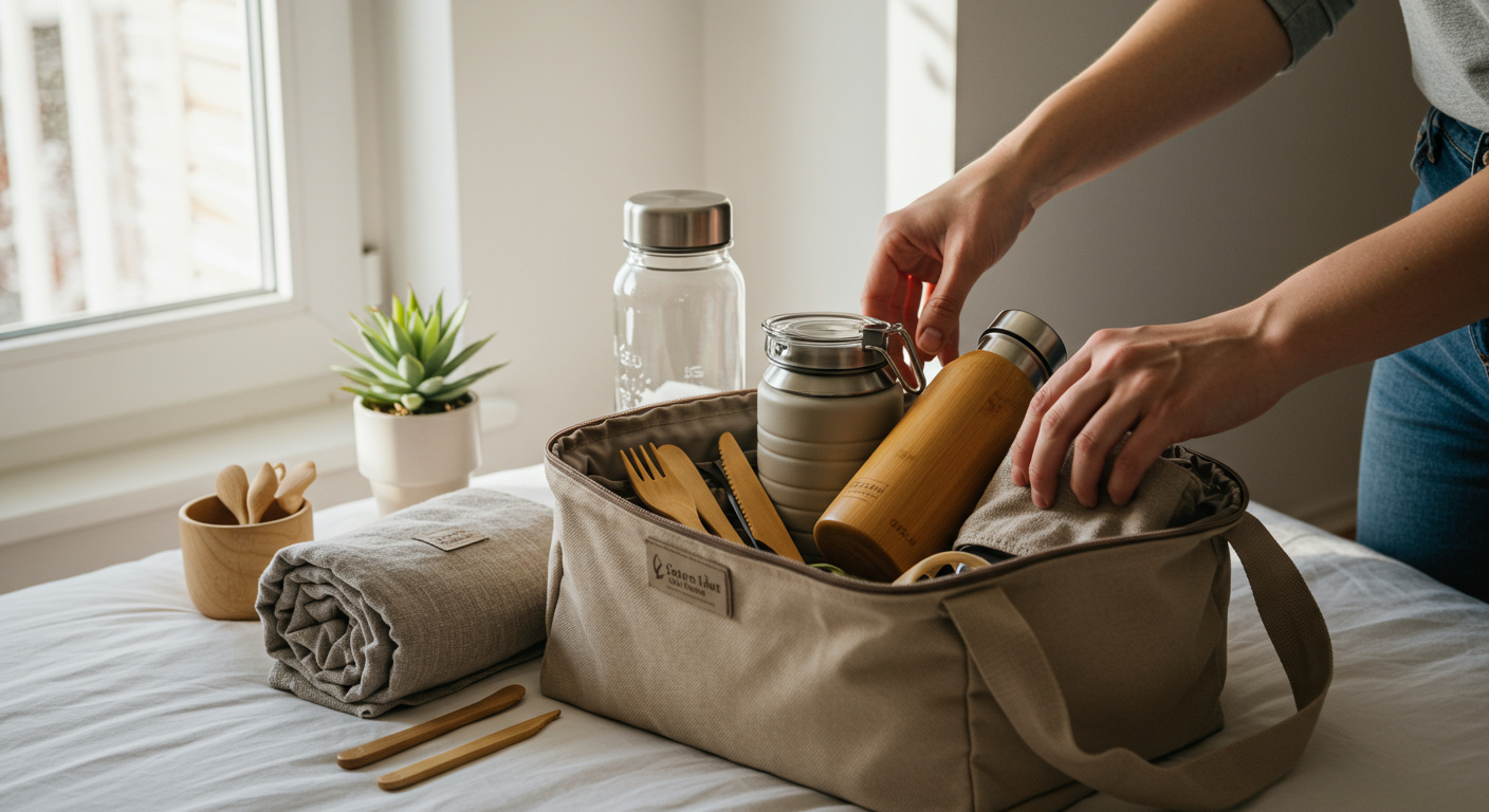 Eco-conscious traveler packing a sustainable travel bag with reusable items, promoting eco-friendly travel and conscious consumerism.