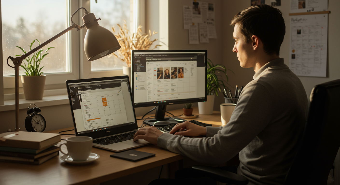 A beginner-friendly image of a person using task batching techniques at a desk in a modern home office.