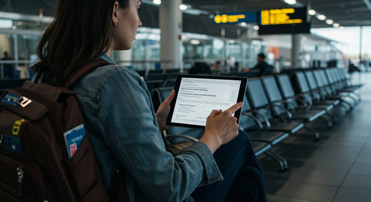 International traveler researching flight compensation rights with legal documents and travel essentials in airport setting