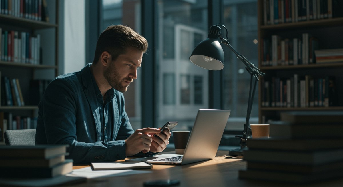 Experienced trader analyzing crypto fee data in modern library setting with natural lighting and professional tech equipment
