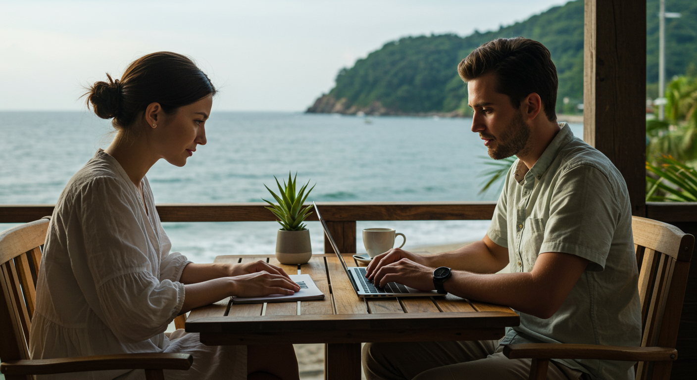 Female digital nomad budgeting on laptop at a beach cafe, tropical setting, budgeting for long-term travel.