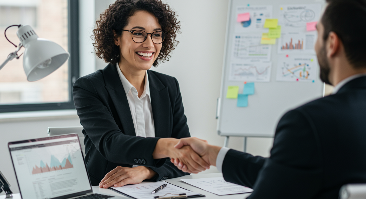 Mid-career professional celebrates successful salary negotiation in a modern office setting, feeling empowered and satisfied.